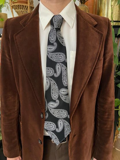 Vintage 1970s Black & Grey Paisley Woven Kipper Tie