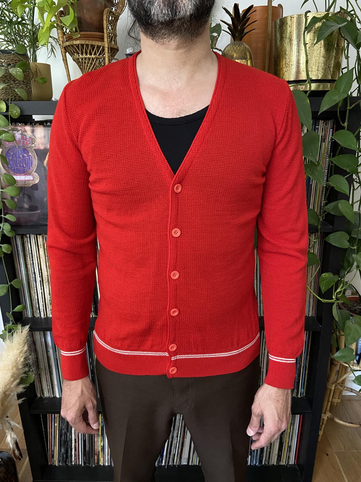 Vintage 1970s Red Italian Waffle Knit Cardigan