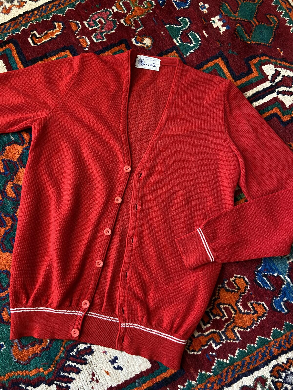 Vintage 1970s Red Italian Waffle Knit Cardigan