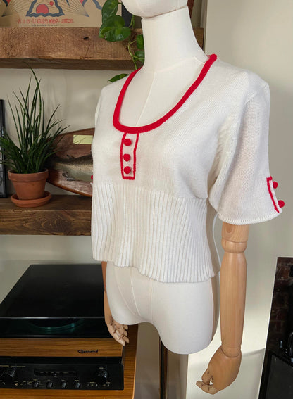 Vintage 1970s White Pom Pom Knit Top