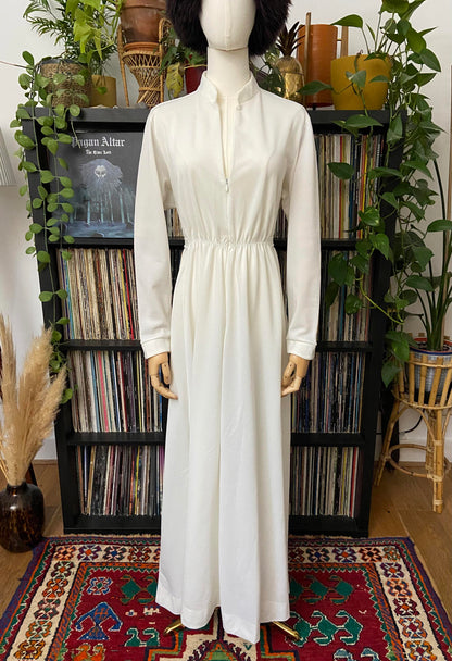 Vintage 1970s White Zip Up Maxi Dress