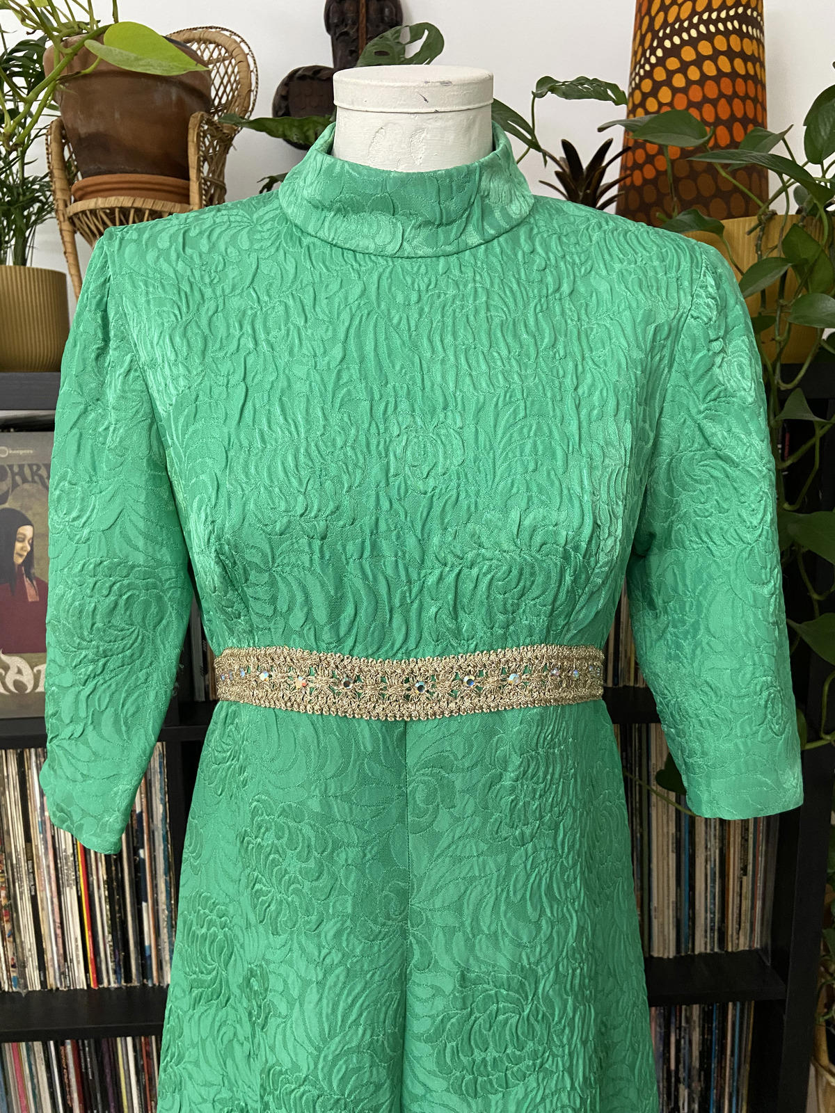 Vintage 1960s Green Gold Brocade Dress