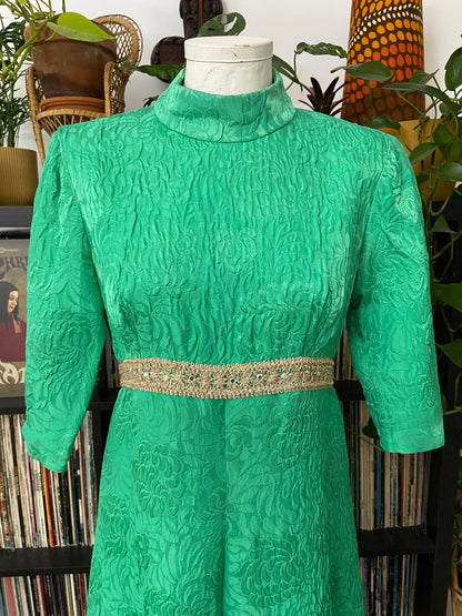 Vintage 1960s Green Gold Brocade Dress