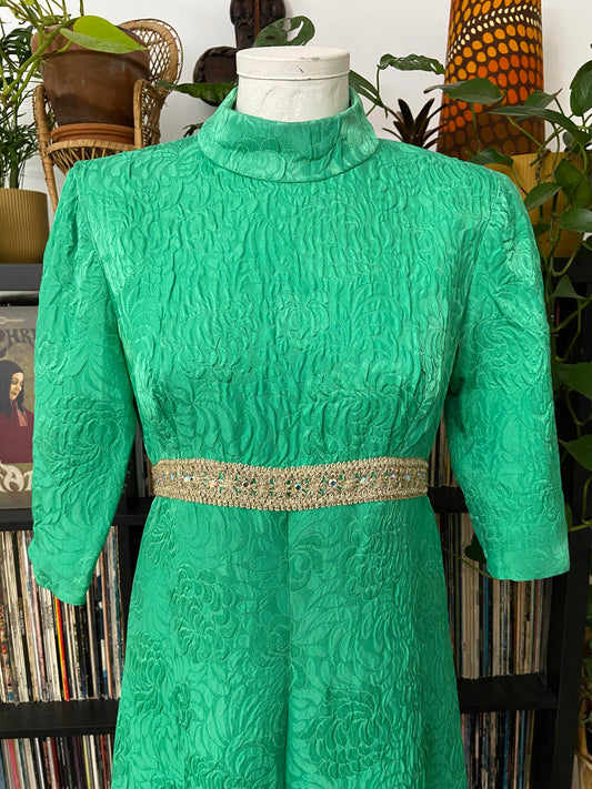Vintage 1960s Green Gold Brocade Dress