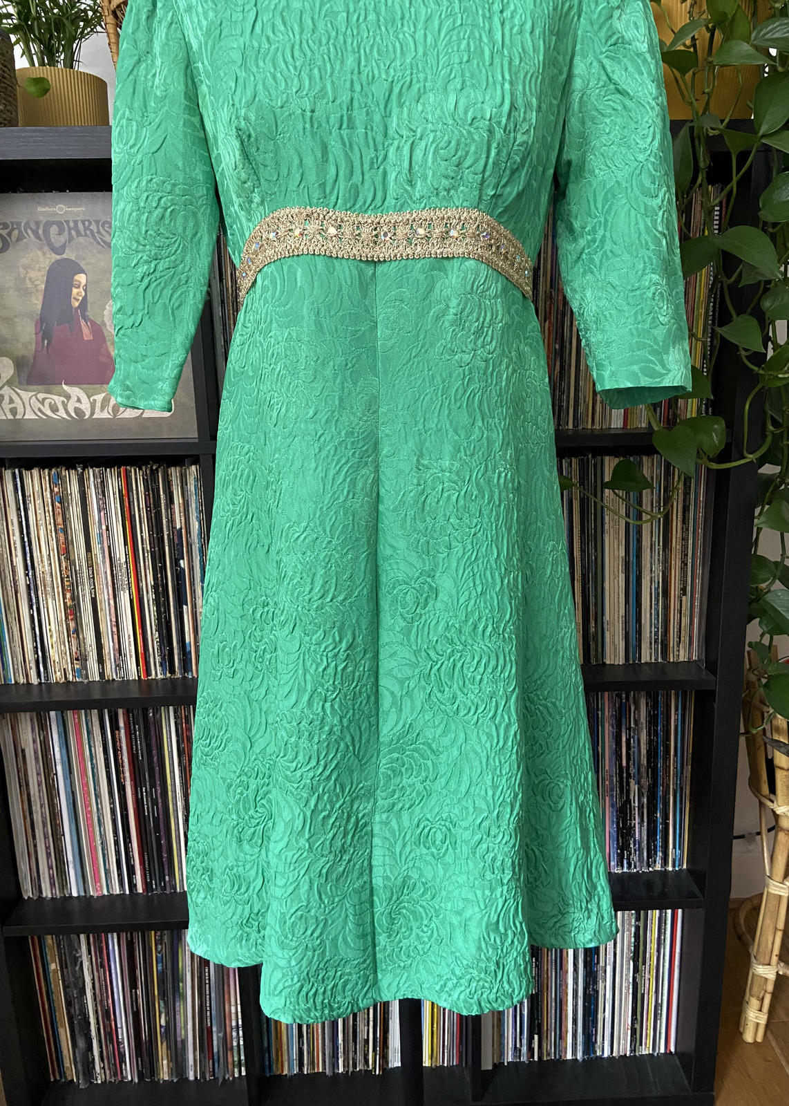 Vintage 1960s Green Gold Brocade Dress