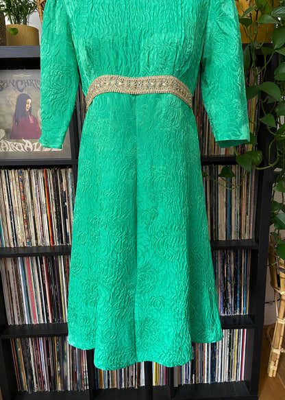 Vintage 1960s Green Gold Brocade Dress