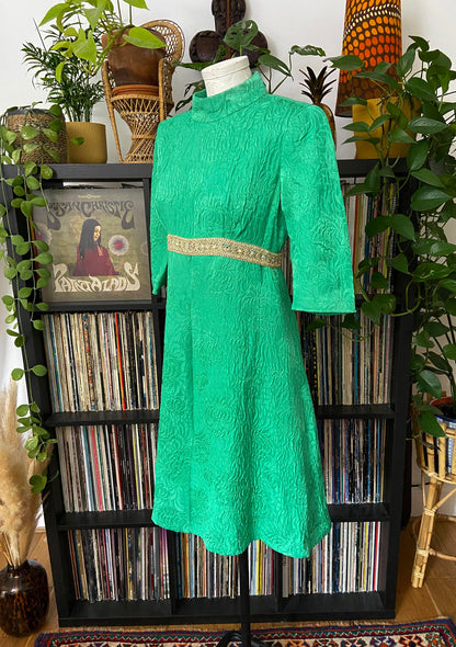 Vintage 1960s Green Gold Brocade Dress