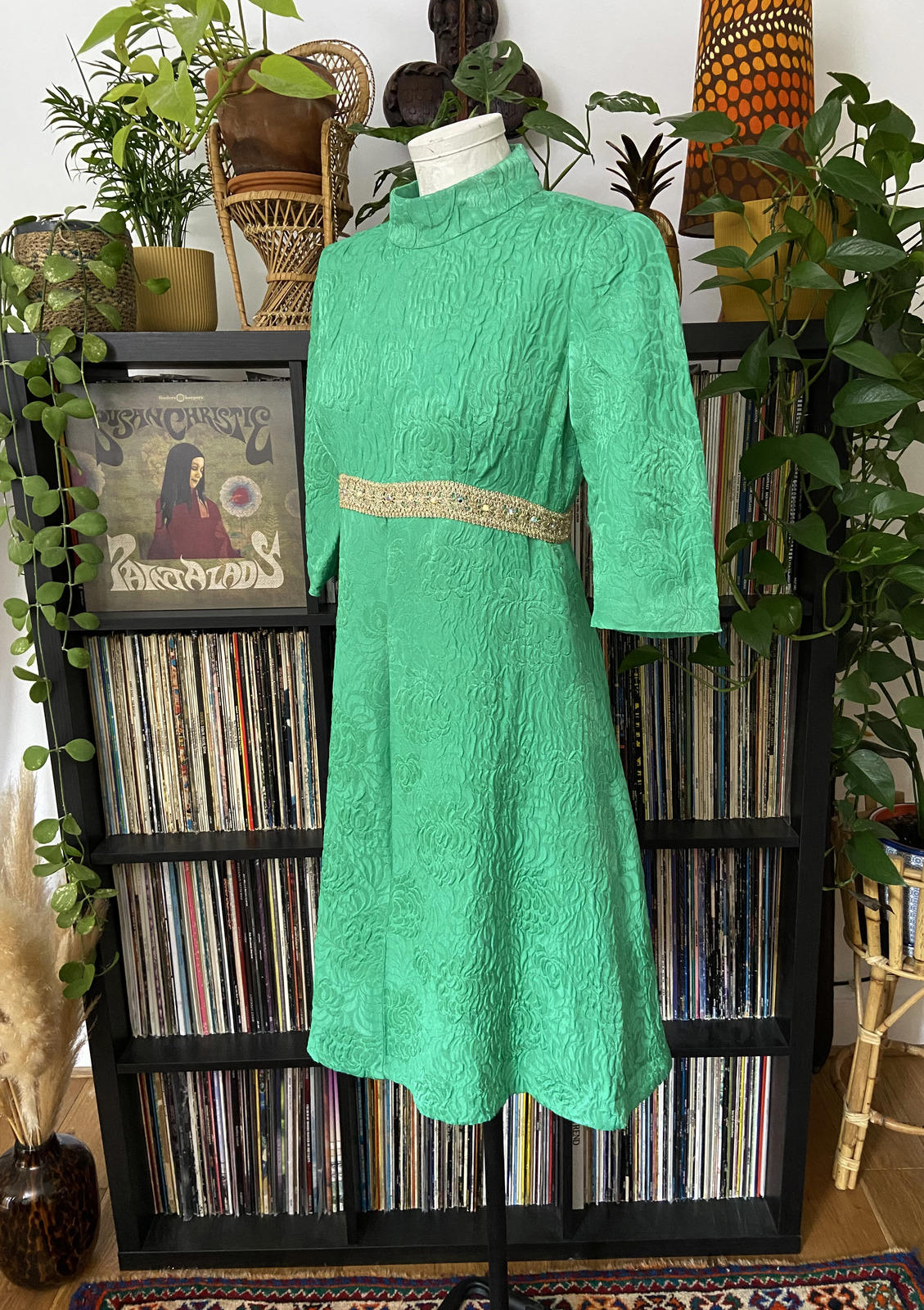 Vintage 1960s Green Gold Brocade Dress