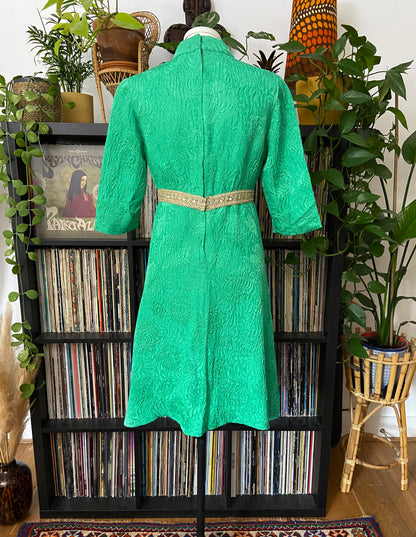 Vintage 1960s Green Gold Brocade Dress