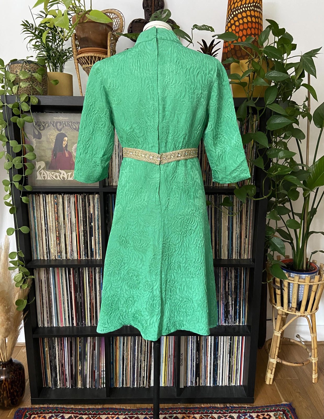 Vintage 1960s Green Gold Brocade Dress