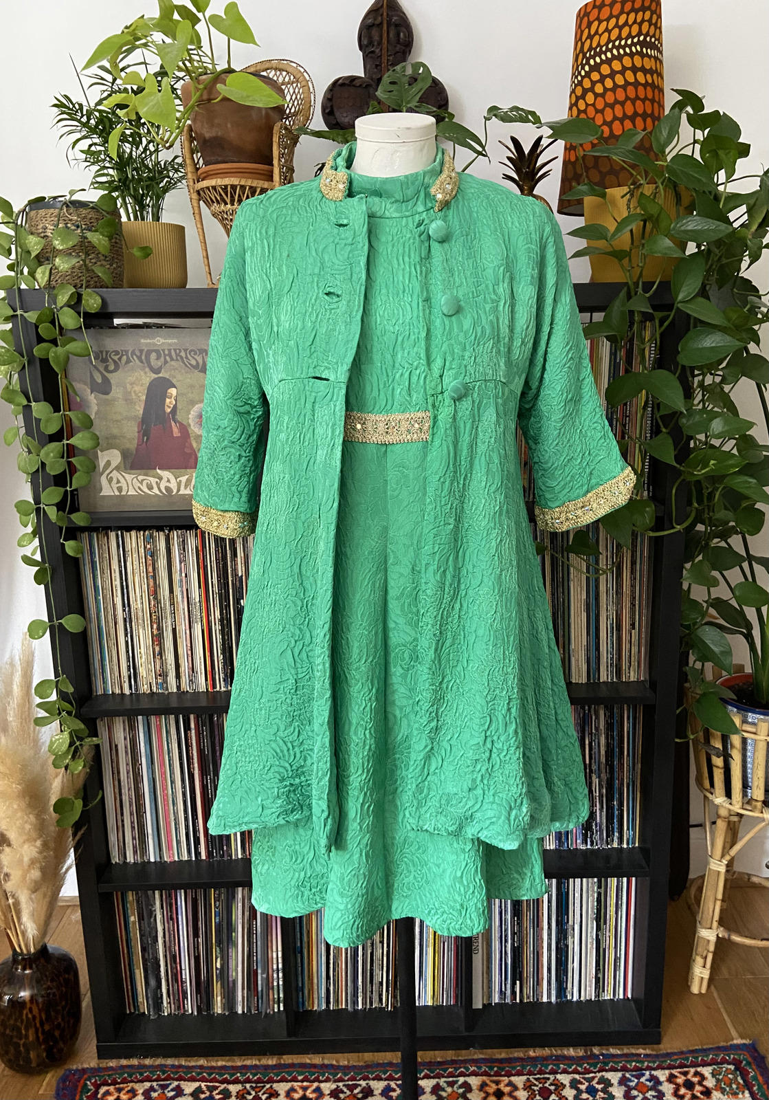 Vintage 1960s Green Gold Brocade Dress