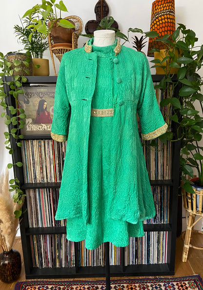 Vintage 1960s Green Gold Brocade Dress