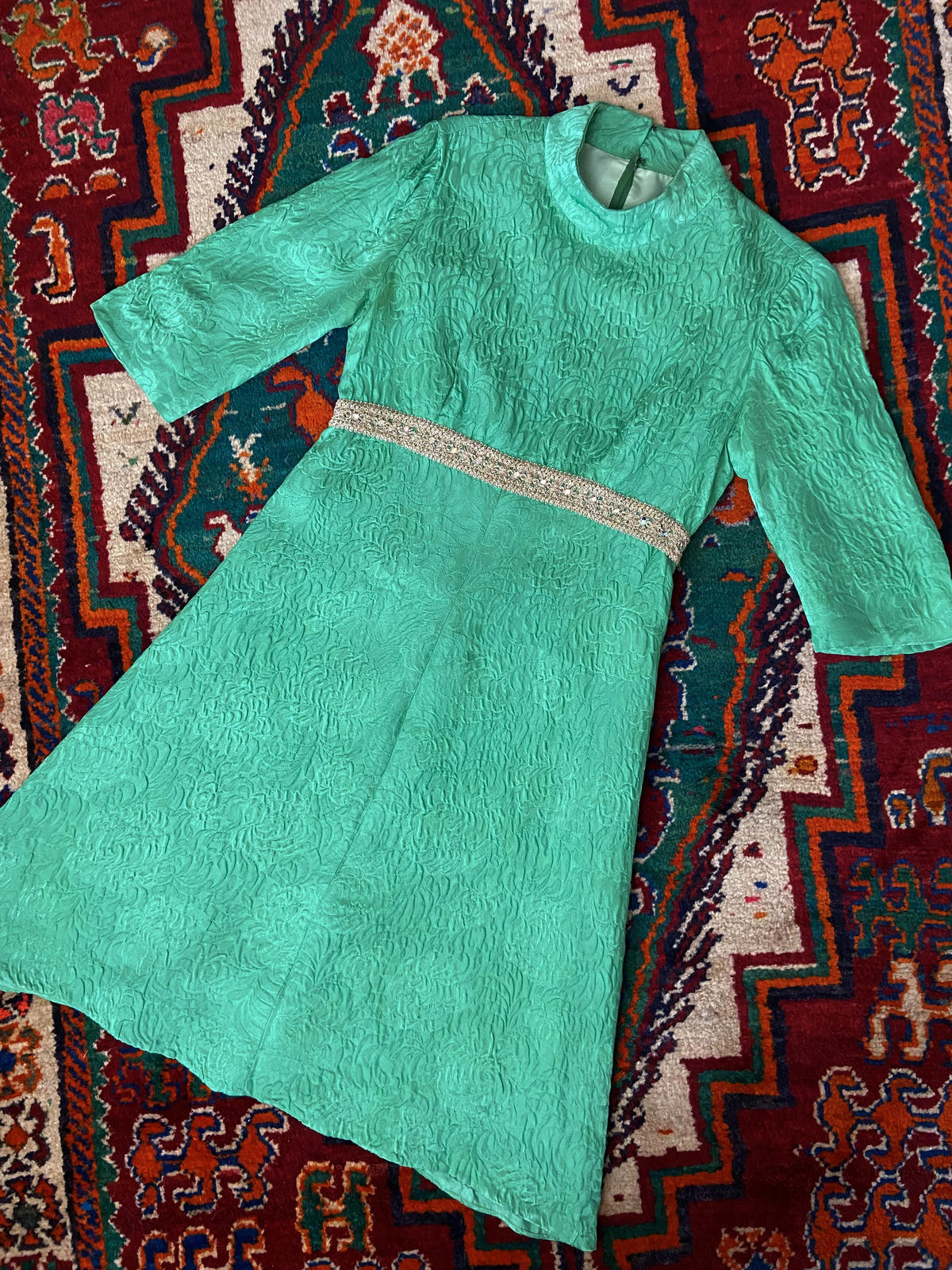 Vintage 1960s Green Gold Brocade Dress