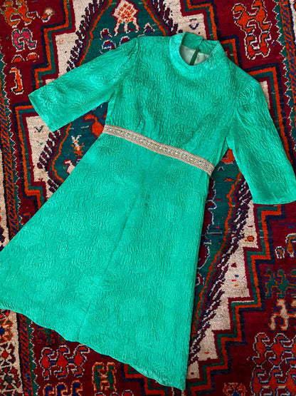 Vintage 1960s Green Gold Brocade Dress