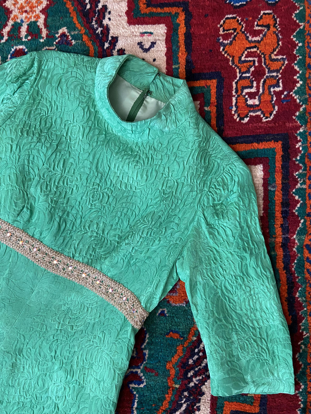 Vintage 1960s Green Gold Brocade Dress
