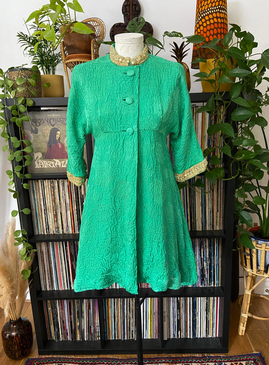 Vintage 1960s Green Gold Brocade Coat