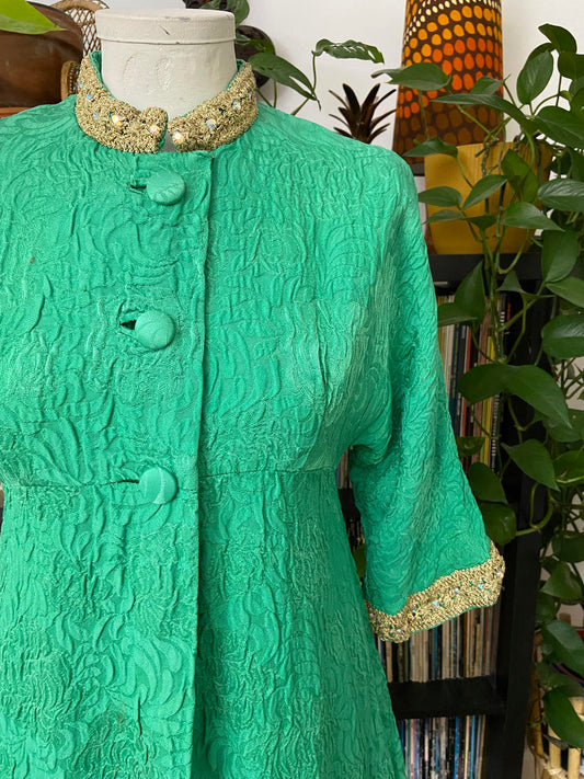 Vintage 1960s Green Gold Brocade Coat