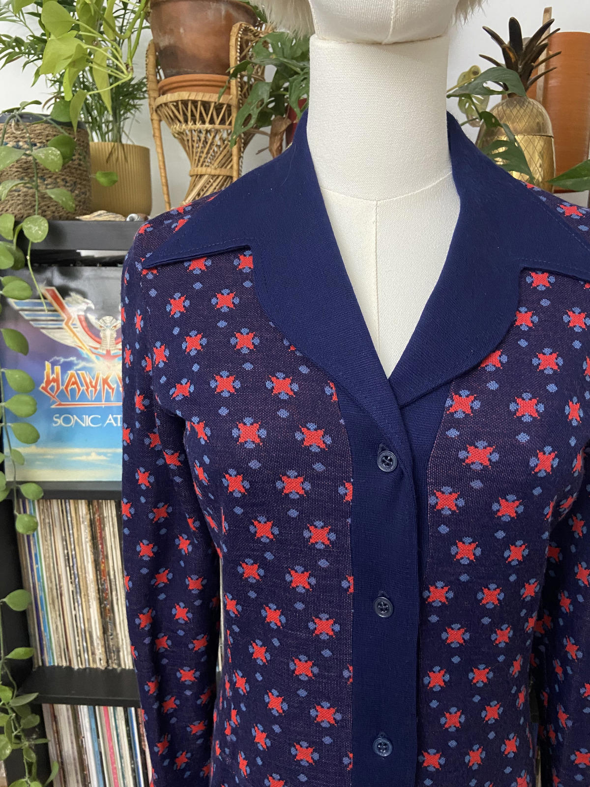 Vintage 1970s Navy Red Knit Dagger Collar Dress