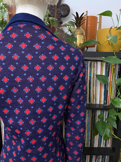 Vintage 1970s Navy Red Knit Dagger Collar Dress