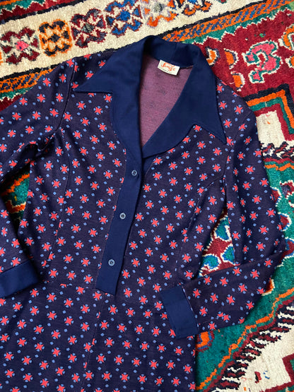 Vintage 1970s Navy Red Knit Dagger Collar Dress