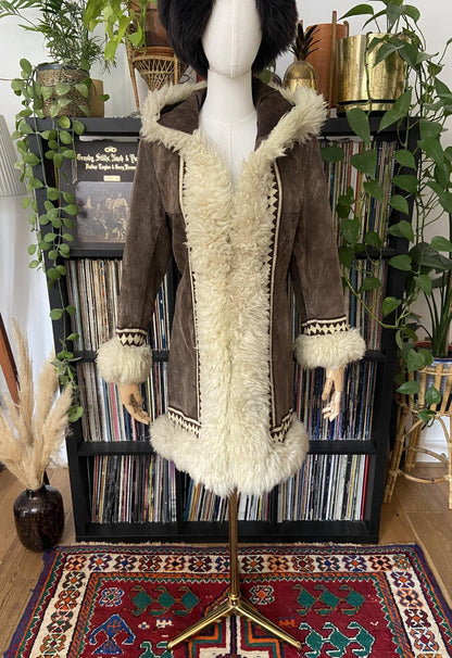 Vintage 1970s Brown Embroidered Trim Afghan Coat