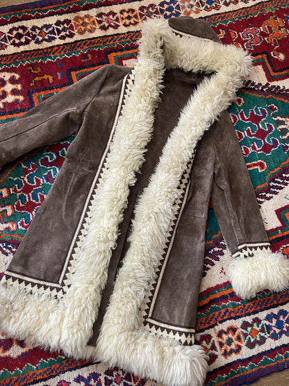Vintage 1970s Brown Embroidered Trim Afghan Coat