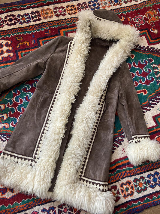 Vintage 1970s Brown Embroidered Trim Afghan Coat