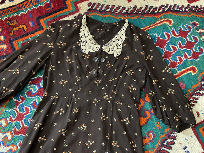 Vintage Brown Floral Lace Collar Tea Dress