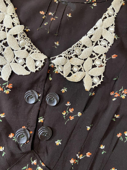 Vintage Brown Floral Lace Collar Tea Dress