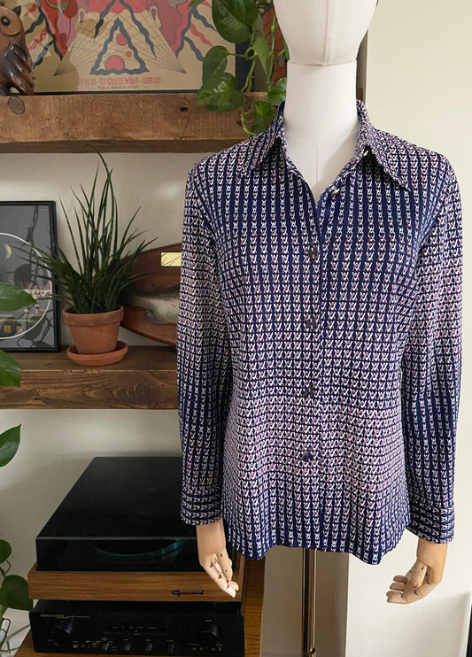 Vintage 1970s Navy Pink Dagger Collar Shirt