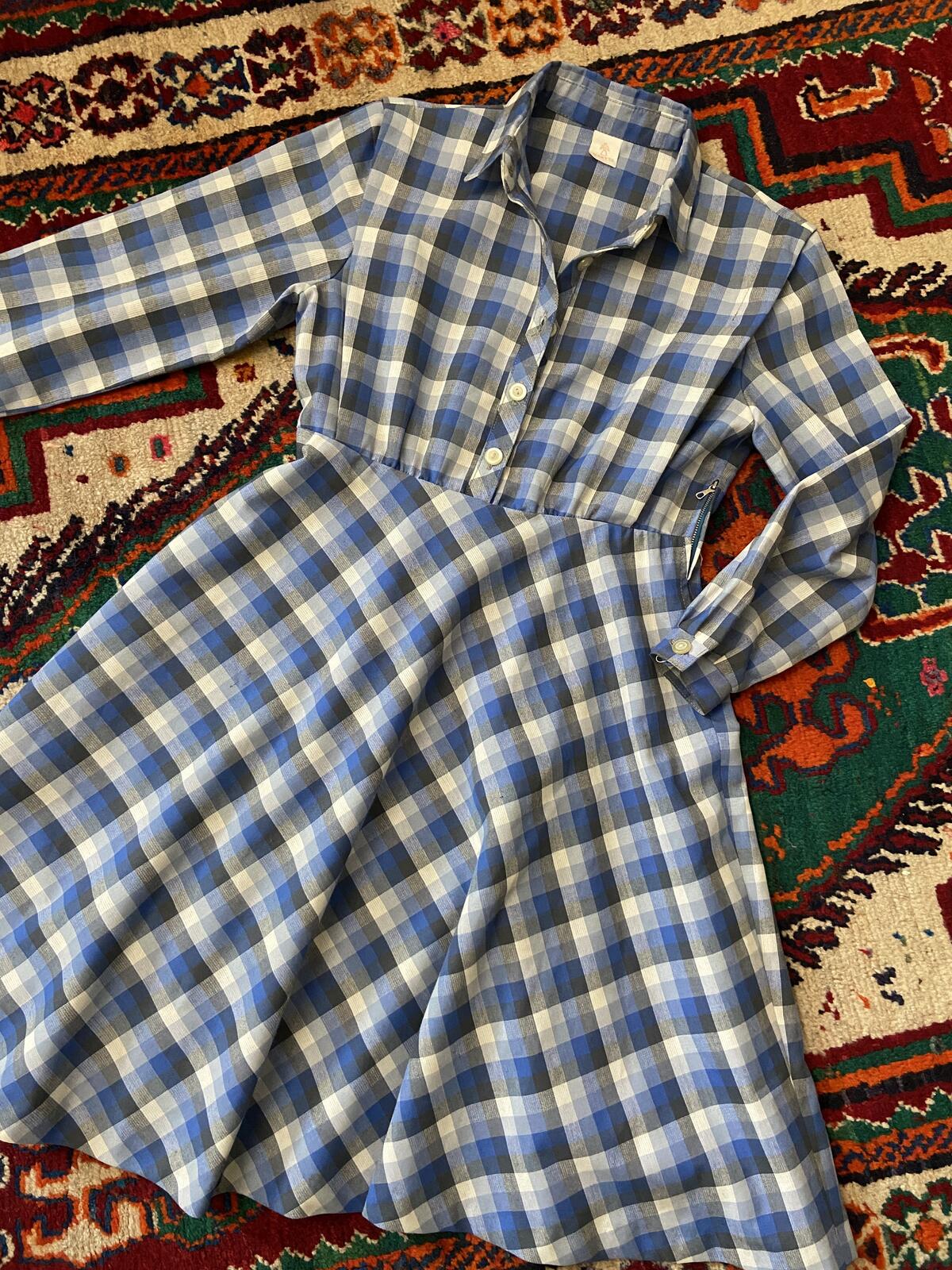 Vintage Blue Checked Shirt Dress