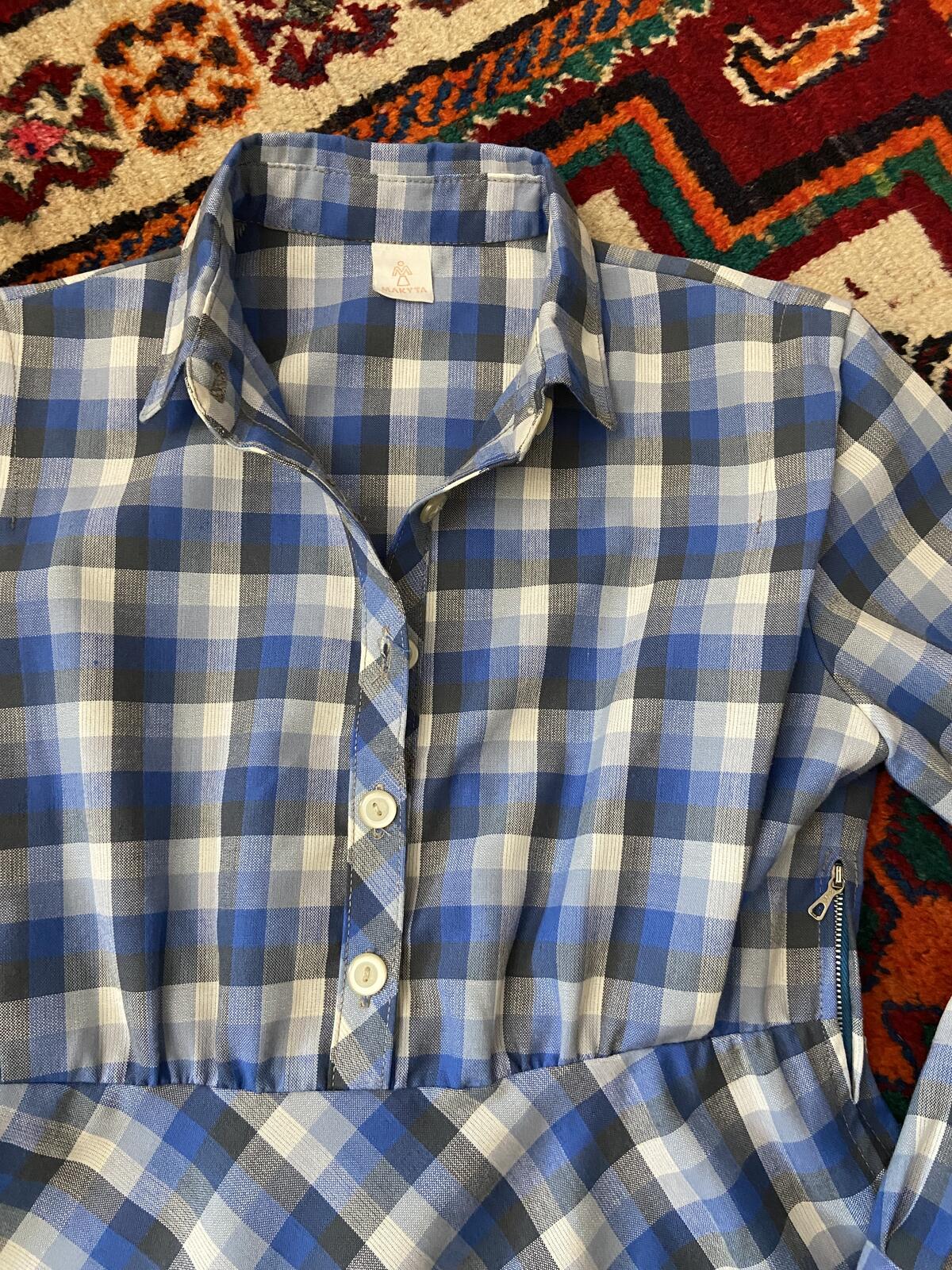 Vintage Blue Checked Shirt Dress