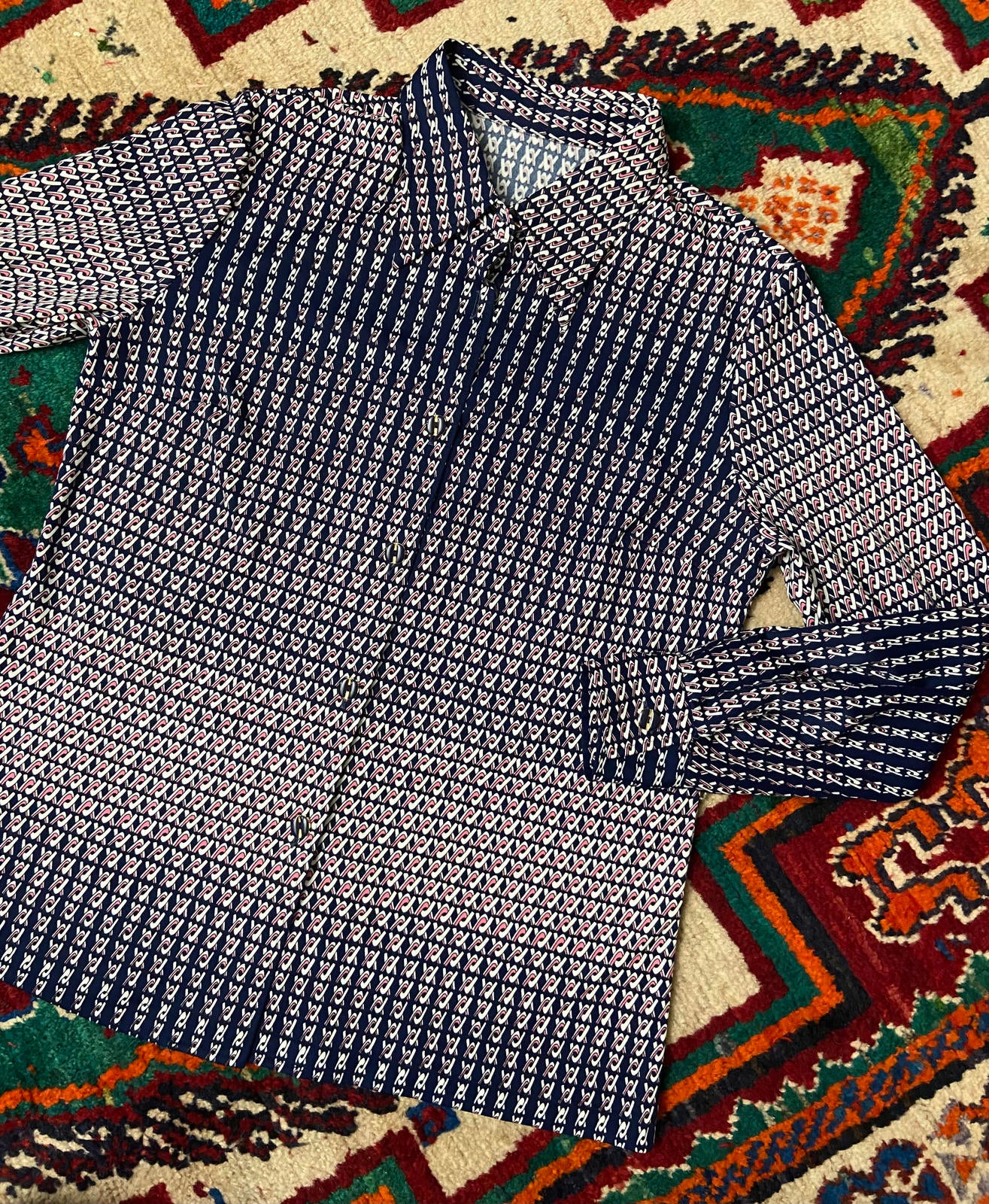 Vintage 1970s Navy Pink Dagger Collar Shirt