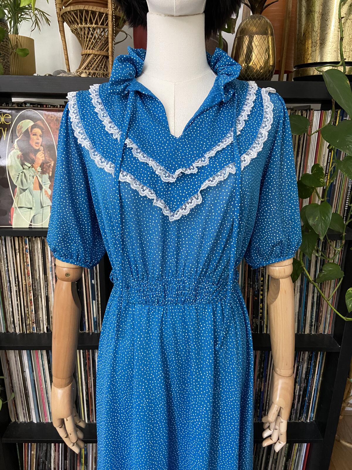 Vintage 1970s Blue Polka Dot Prairie Dress
