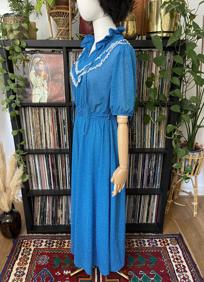 Vintage 1970s Blue Polka Dot Prairie Dress