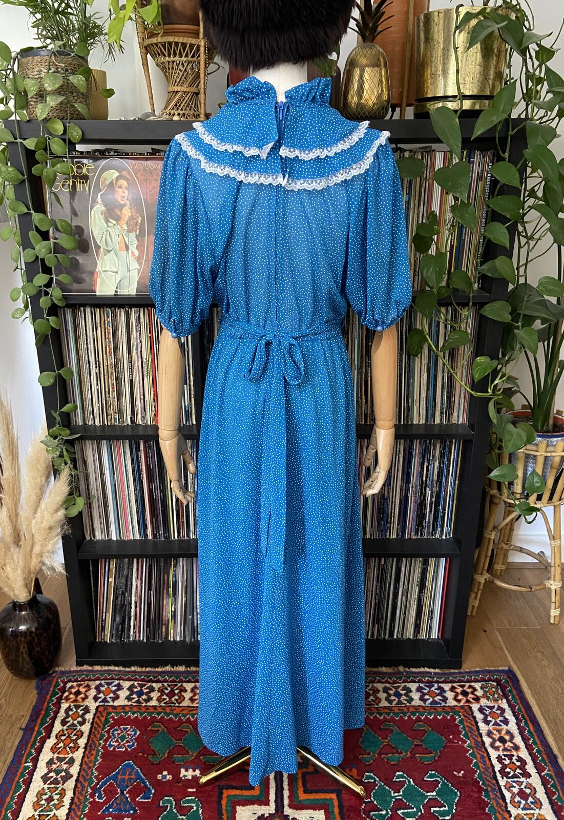 Vintage 1970s Blue Polka Dot Prairie Dress