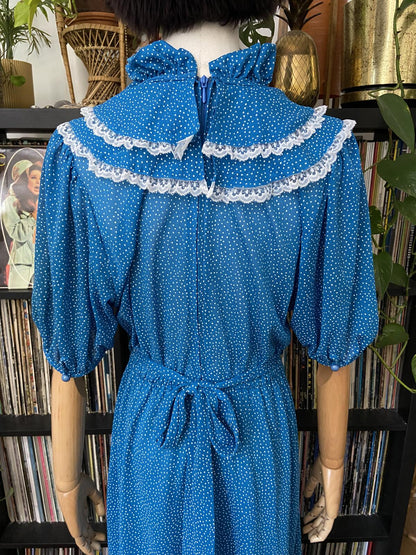 Vintage 1970s Blue Polka Dot Prairie Dress