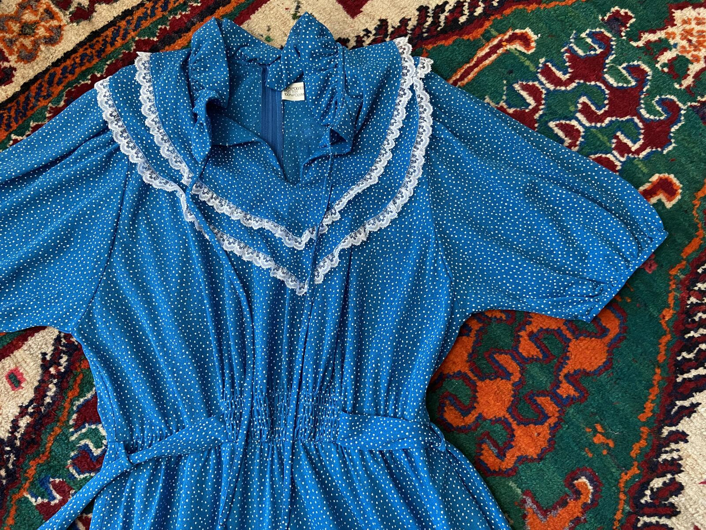 Vintage 1970s Blue Polka Dot Prairie Dress