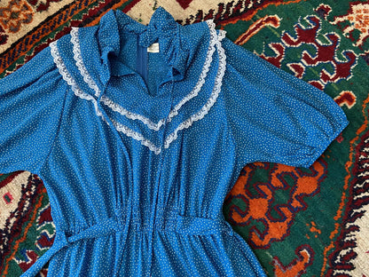 Vintage 1970s Blue Polka Dot Prairie Dress
