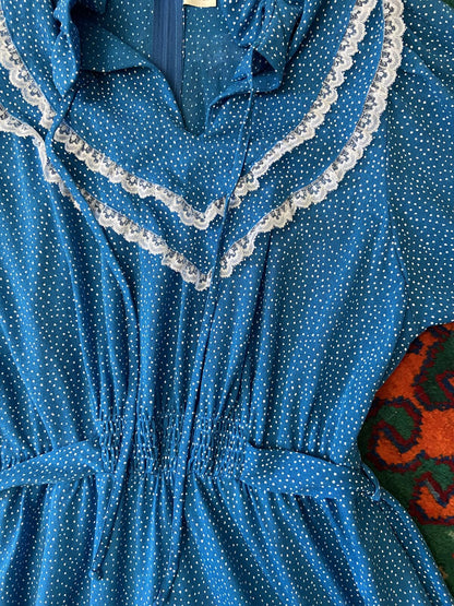 Vintage 1970s Blue Polka Dot Prairie Dress