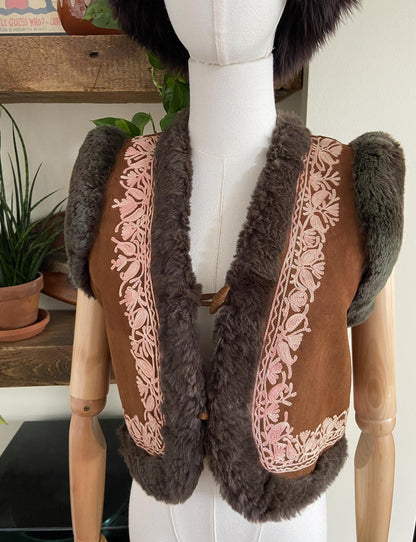 Vintage Brown Suede Embroidered Afghan Waistcoat