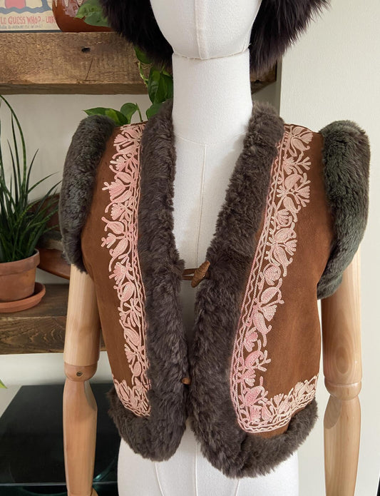 Vintage Brown Suede Embroidered Afghan Waistcoat