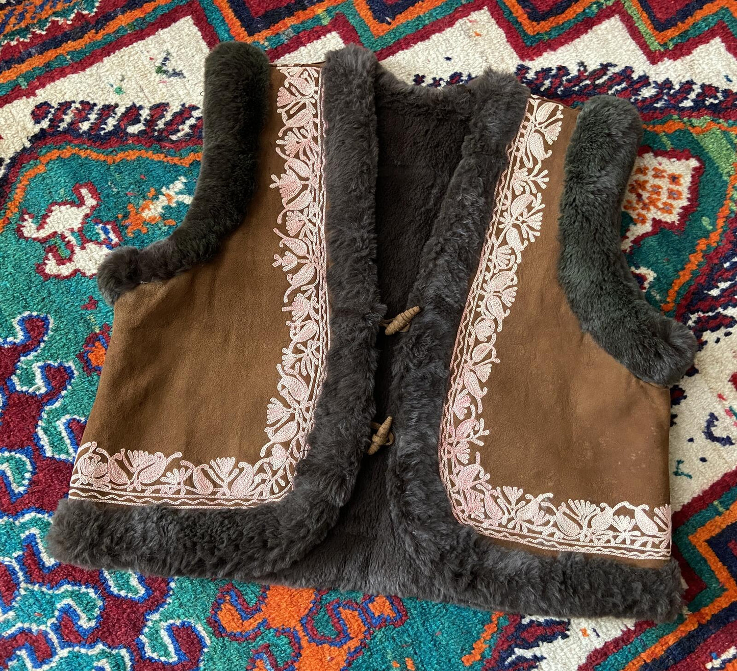 Vintage Brown Suede Embroidered Afghan Waistcoat