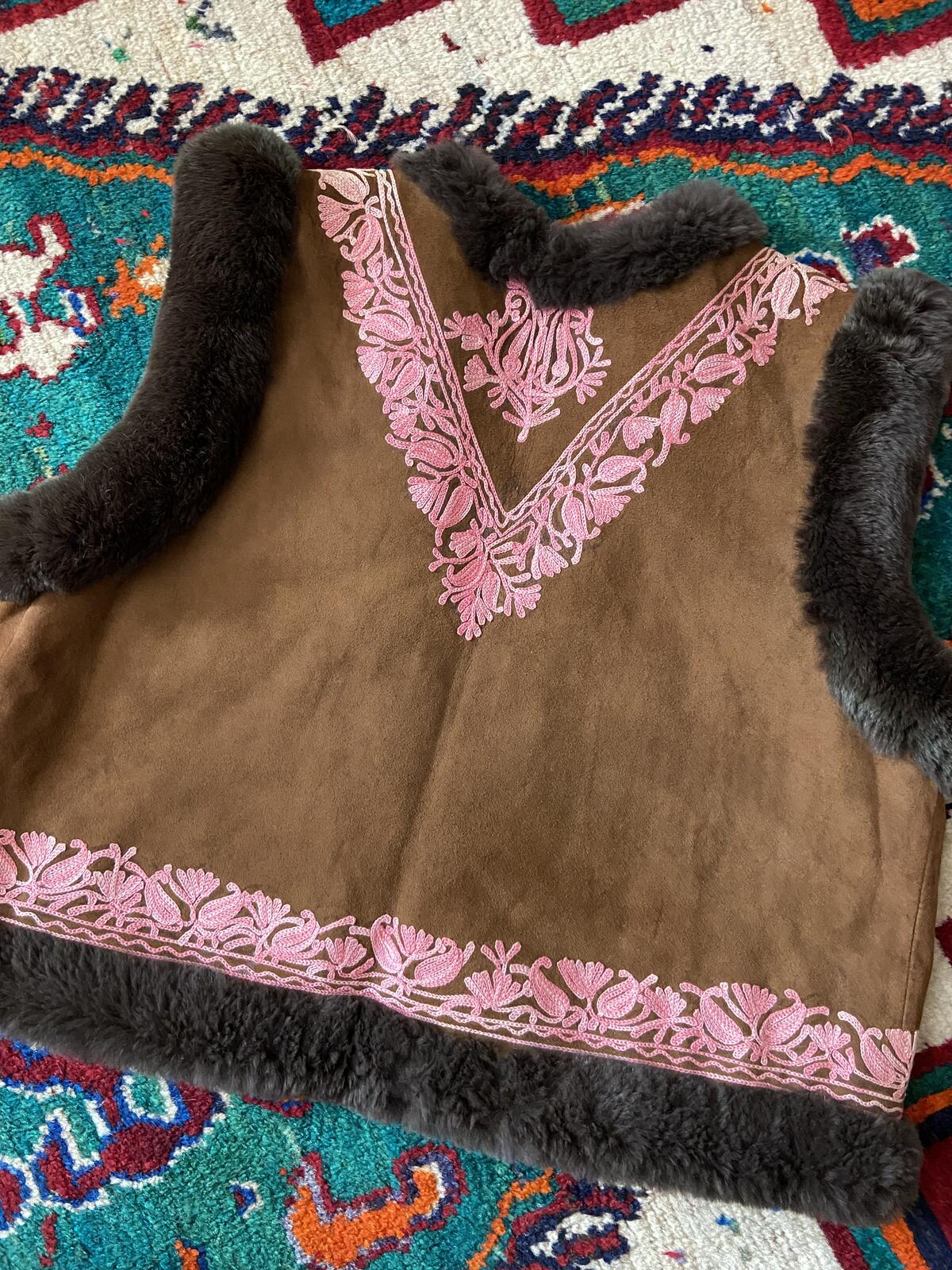 Vintage Brown Suede Embroidered Afghan Waistcoat