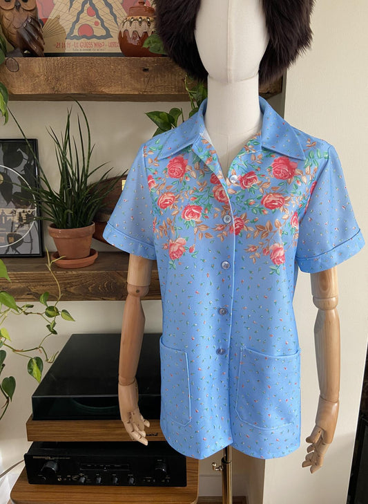 Vintage 1970s Pale Blue Floral Shirt