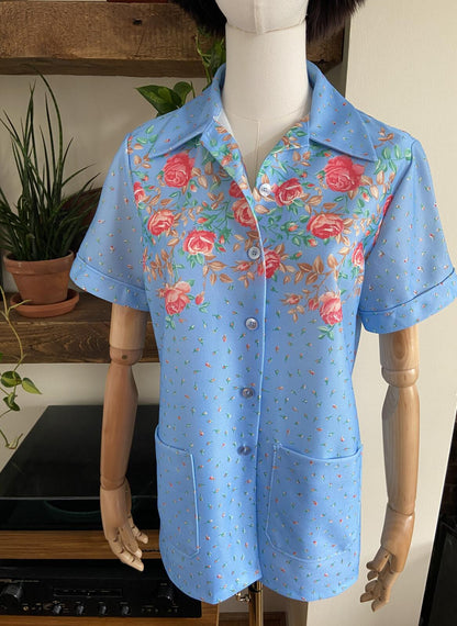 Vintage 1970s Pale Blue Floral Shirt