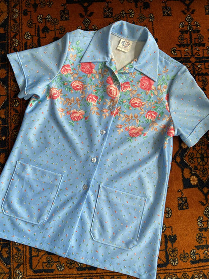 Vintage 1970s Pale Blue Floral Shirt