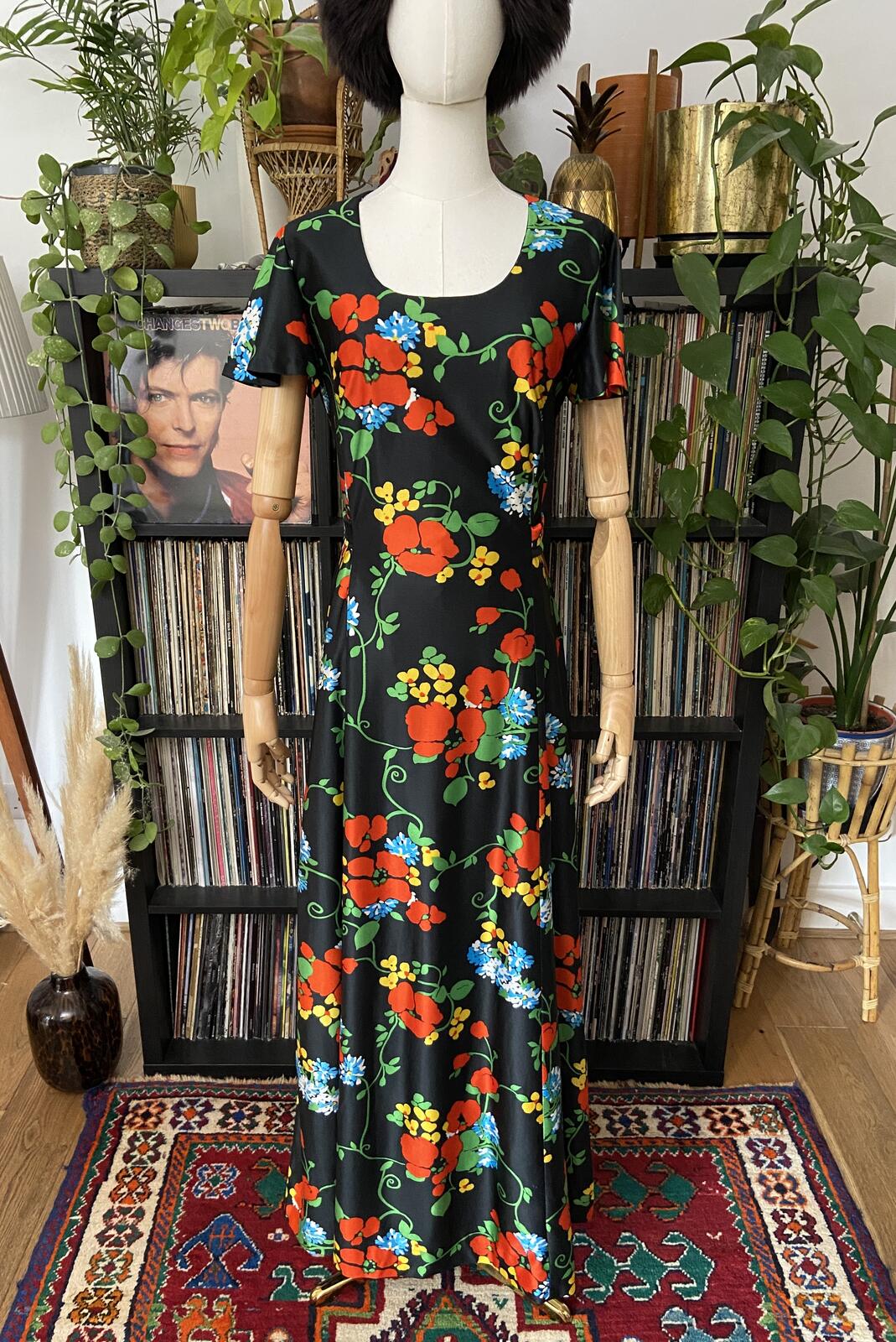 Vintage 1970s Black Floral Maxi Dress