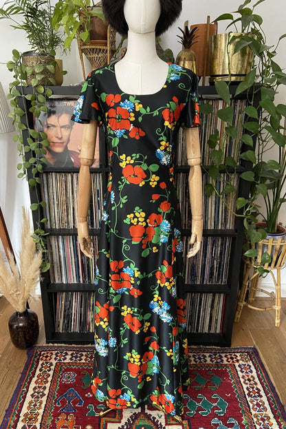 Vintage 1970s Black Floral Maxi Dress