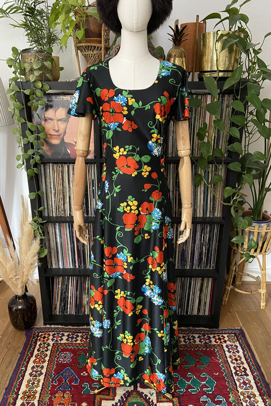 Vintage 1970s Black Floral Maxi Dress
